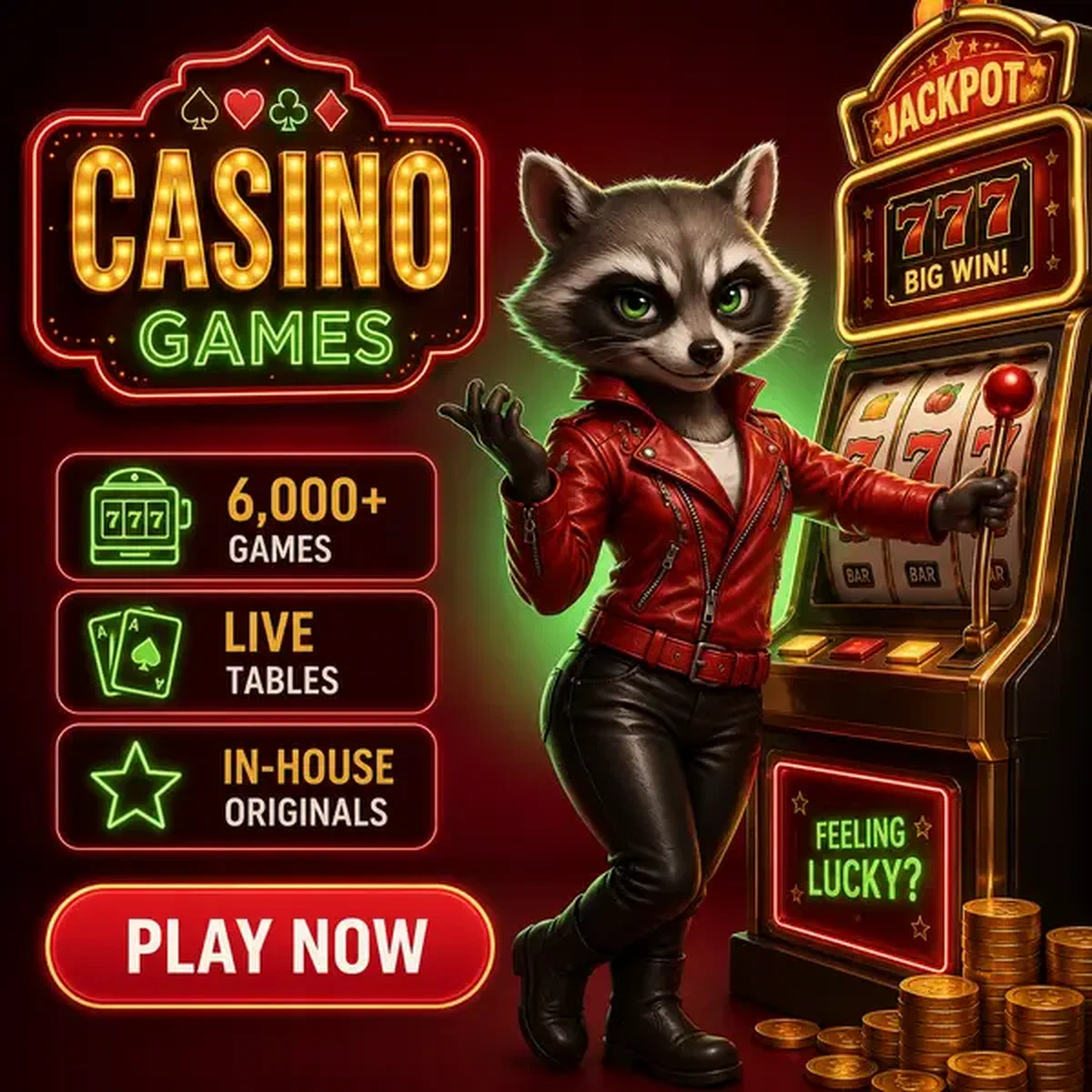 Antropomorfe wasbeer klaar om casinospellen te spelen bij de levendige gokkast van Rocky Spin Casino