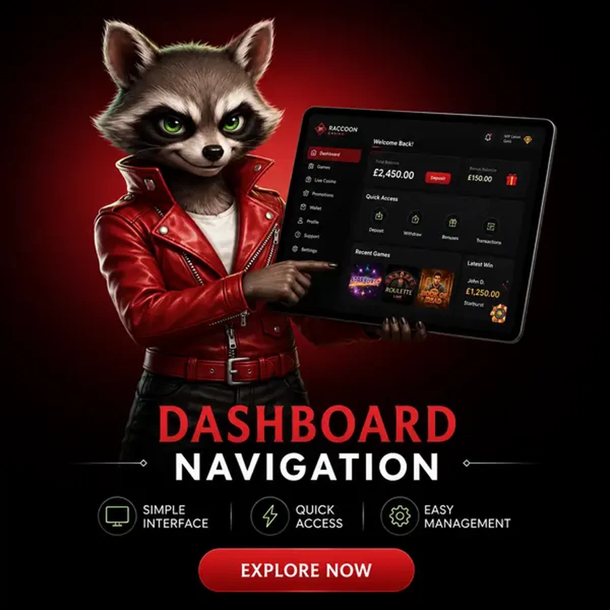 Antropomorfe wasbeer in rode jas navigeert Rocky Spin Casino login dashboard op tablet