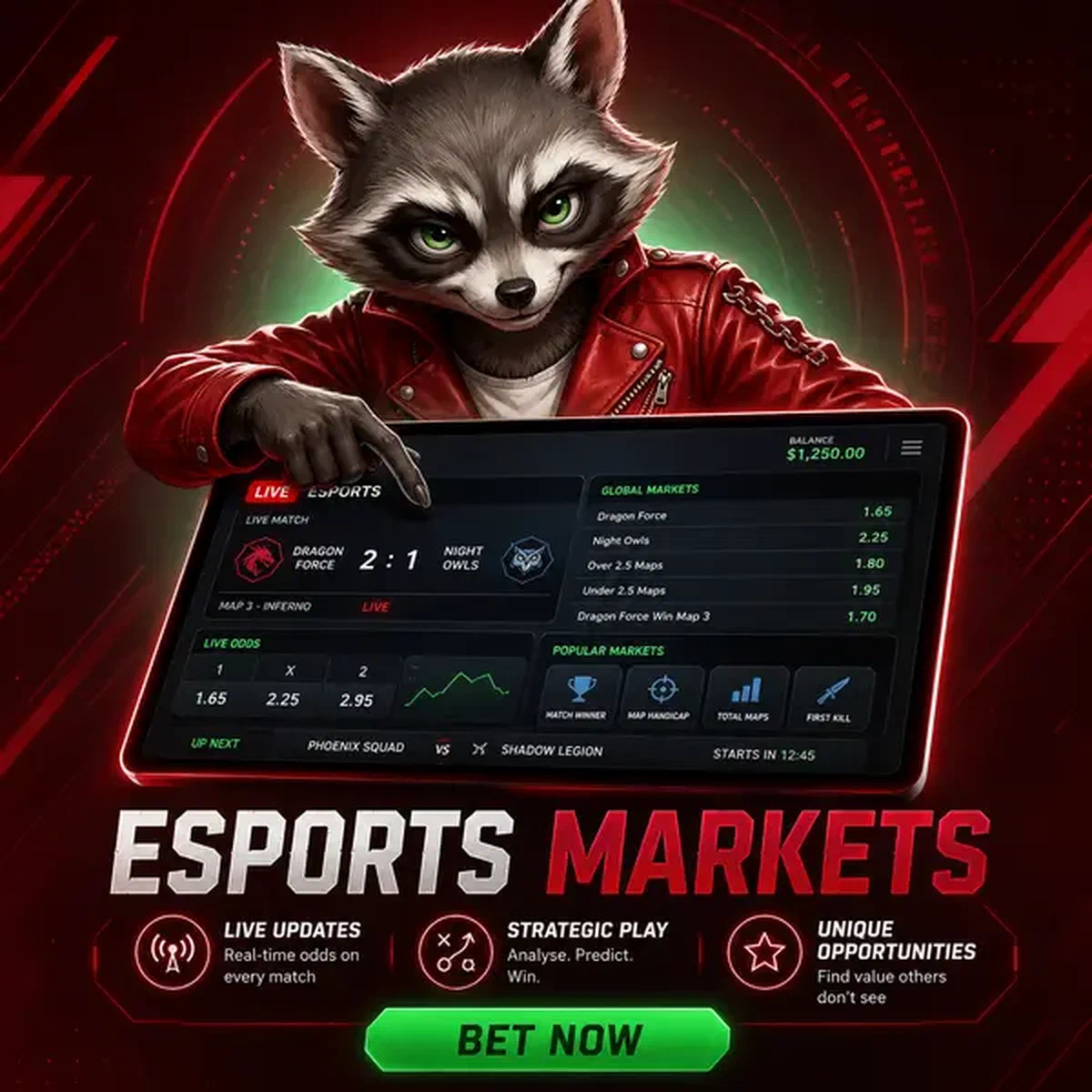 Antropomorfe wasbeer-strateeg analyseert esports-weddenschapsdata op gloeiende tablet bij Rocky Spin