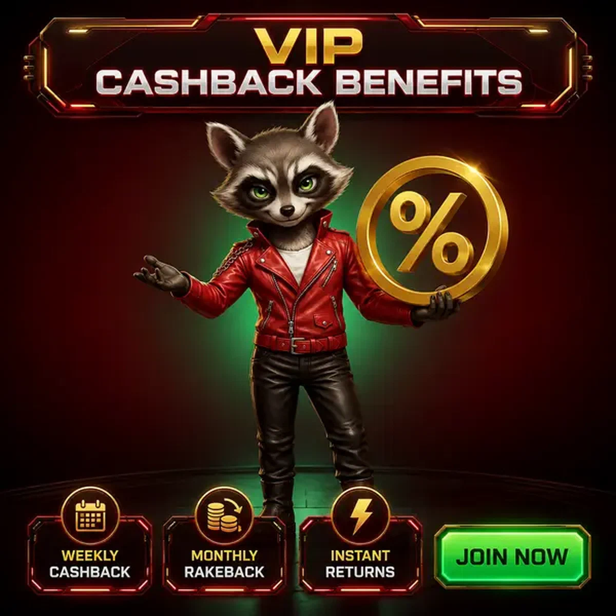 VIP Cashback Voordelen bij Rocky Spin Casino met antropomorfe wasbeer die gouden procentembleem presenteert
