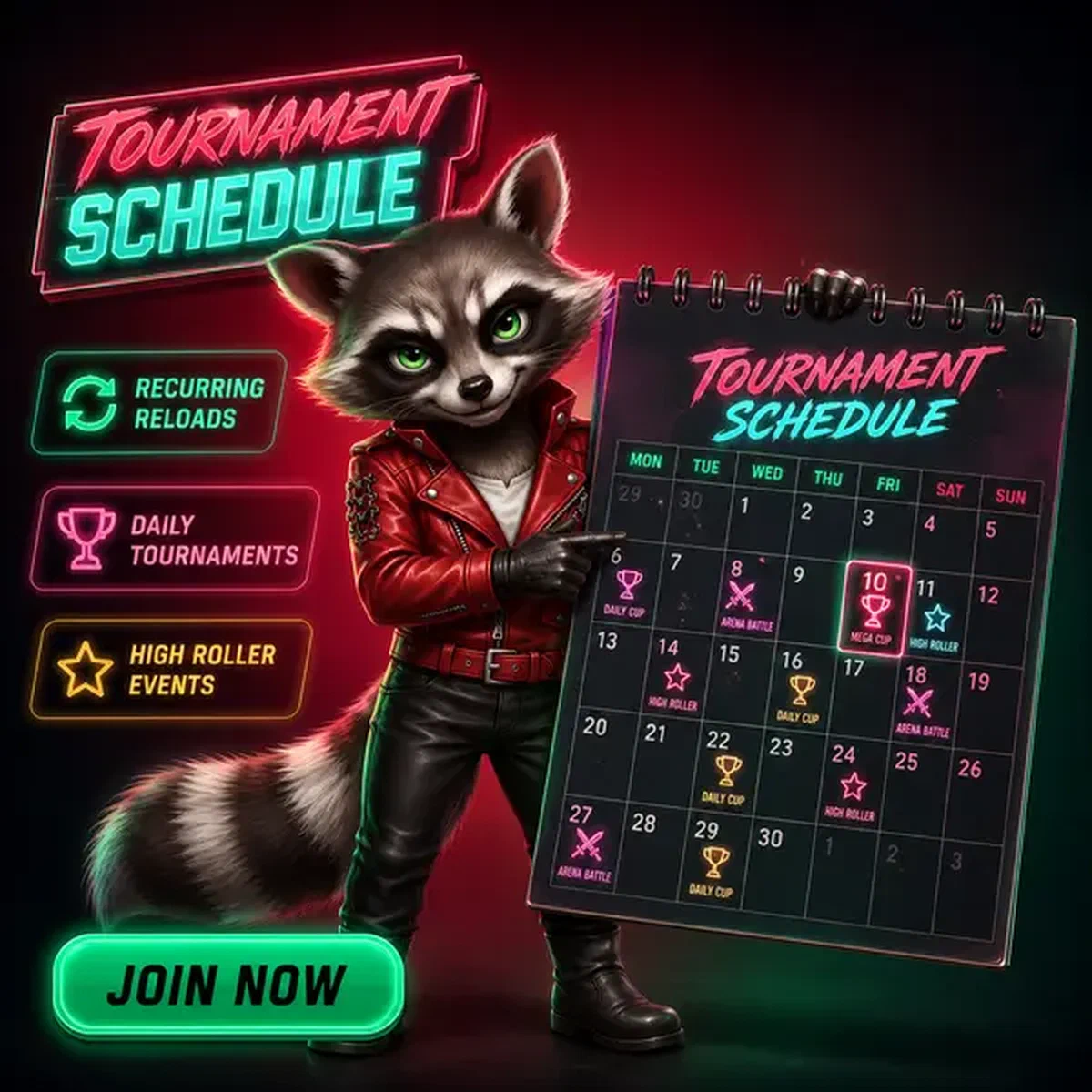 The Vixen wijst naar toernooischema bij Recurring Reload Calendar en Tournament Schedule aanmelding