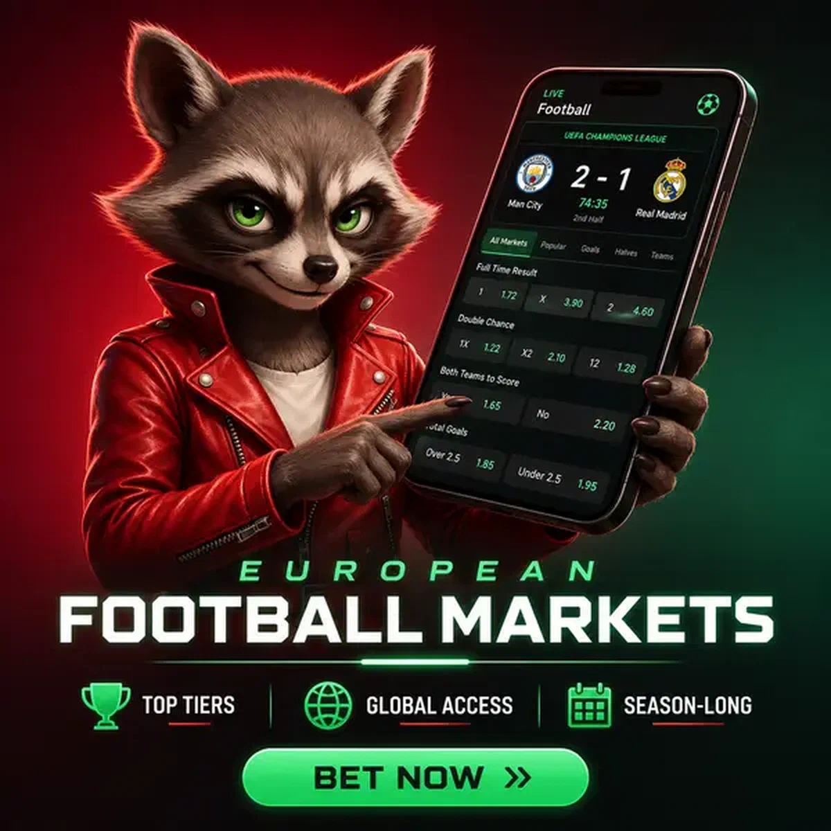 The Vixen navigeert sportweddenschappen opties op smartphone bij Seizoenslange Markten en Europese Voetbaldekking