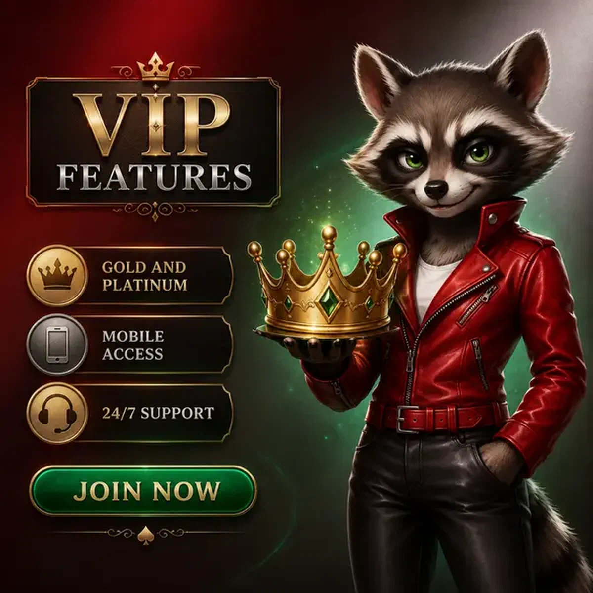 Strakke wasbeer presenteert gouden kroon bij VIP Features mobiele app-interface