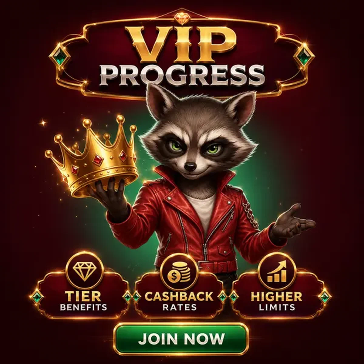 Antropomorfe wasbeer VIP-speler toont trots gouden kroon bij VIP Progress login portaal