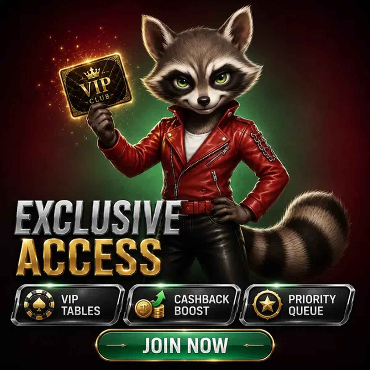 Antropomorfe wasbeer personage met gouden VIP-clubkaart aan VIP Rocky Spin live casino tafels
