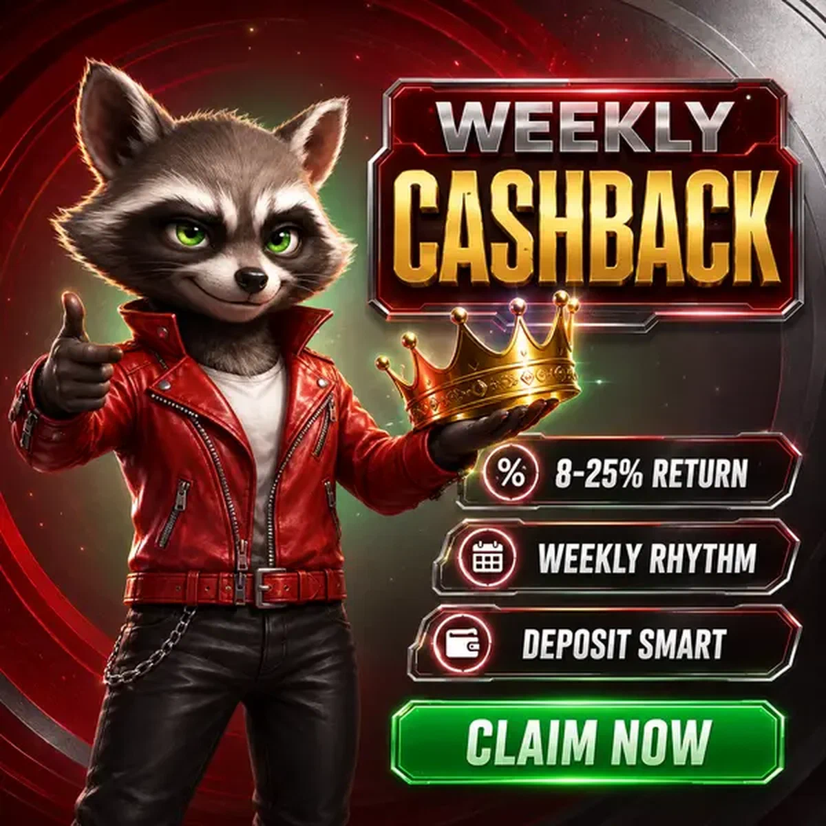 Antropomorfe wasbeer die gouden kroon presenteert die wekelijkse cashbackbeloningen symboliseert bij Wekelijks Cashback Ritme en Claimvensters