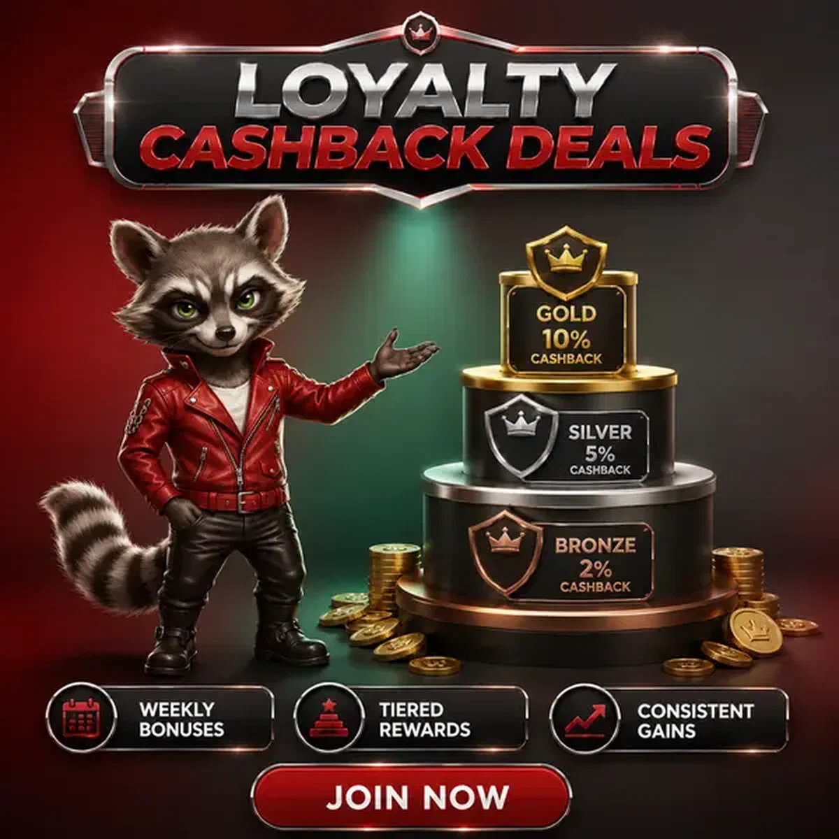 Antropomorfe wasbeer toont wekelijkse Rocky Spin Esports cashback-niveaus en loyaliteitsbeloningen