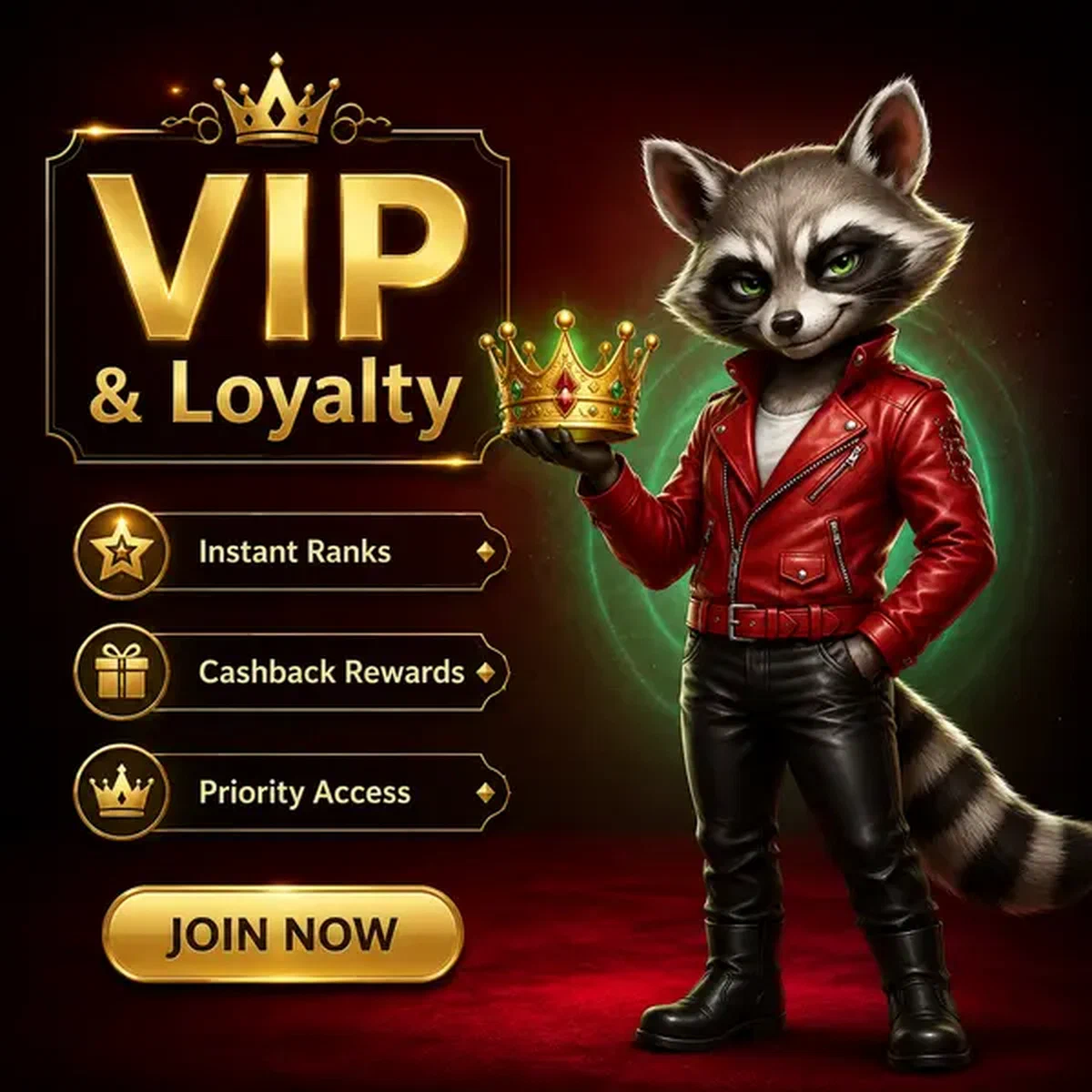 Antropomorfe wasbeer Vixen met gouden kroon bij Rocky Spin VIP-loyaliteitsprogramma ingang