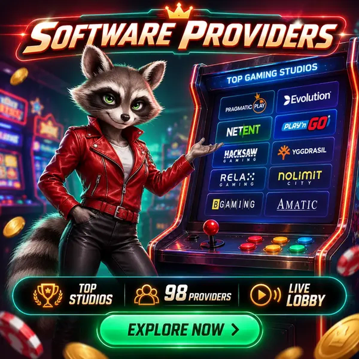 De Vixen toont top softwareproviders bij Rocky Spin Casino's neon arcade-kast